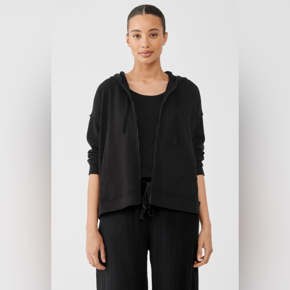 Eileen Fisher 1X Lightweight Organic Cotton Terry Hooded Top black